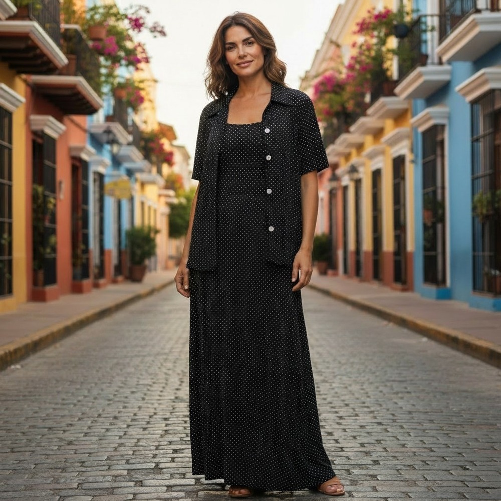 Coldwater Creek Polka Dot Maxi Dress and Shirt Set Black White Size M USA Made